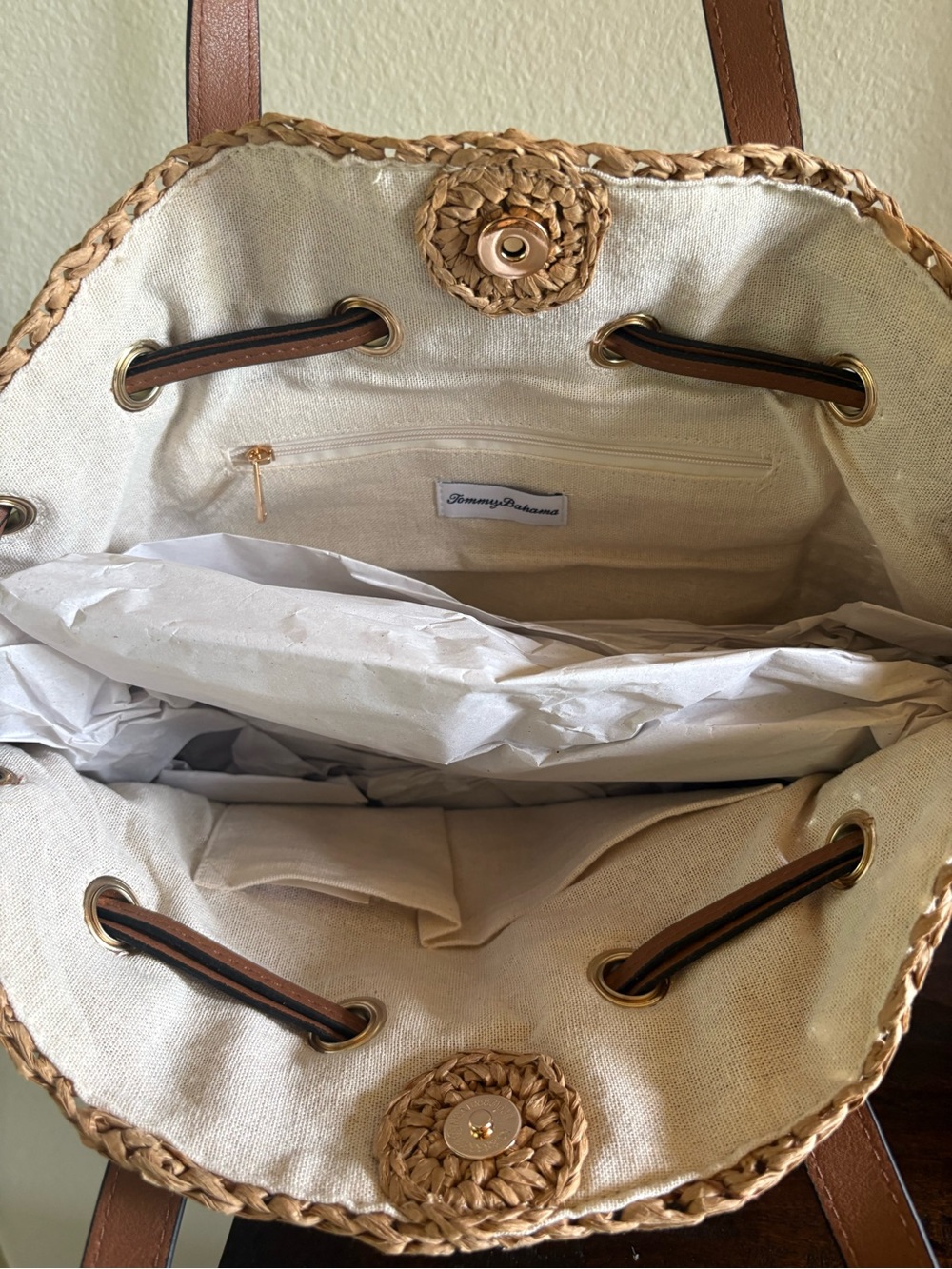 Tommy Bahama Tan Woven Straw Tote with Brown Leather Handles - Picture 3 of 3